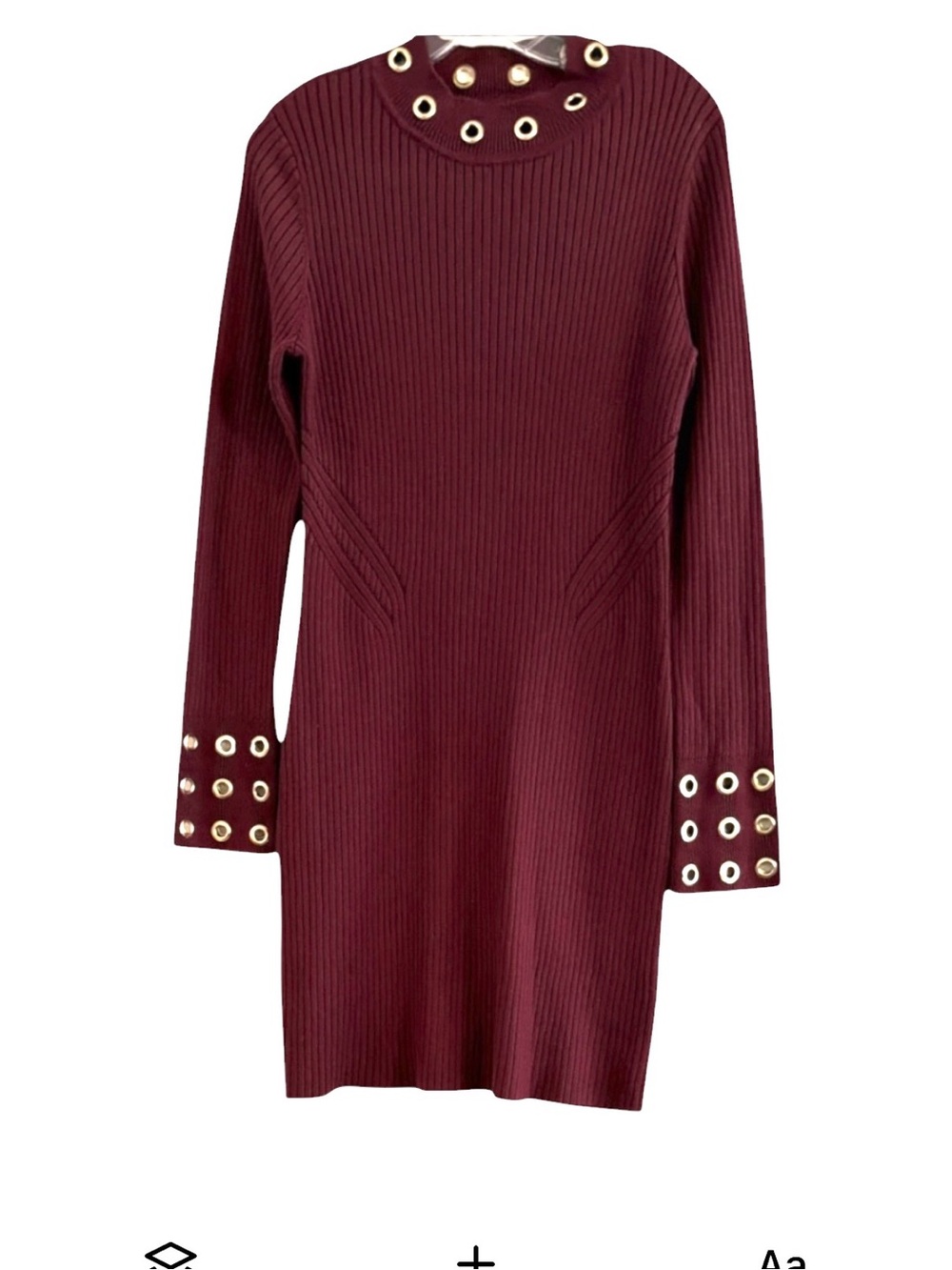 INC Burgundy Gold Grommet Ribbed Knit Long Sleeve Bodycon Sweater Dress Large